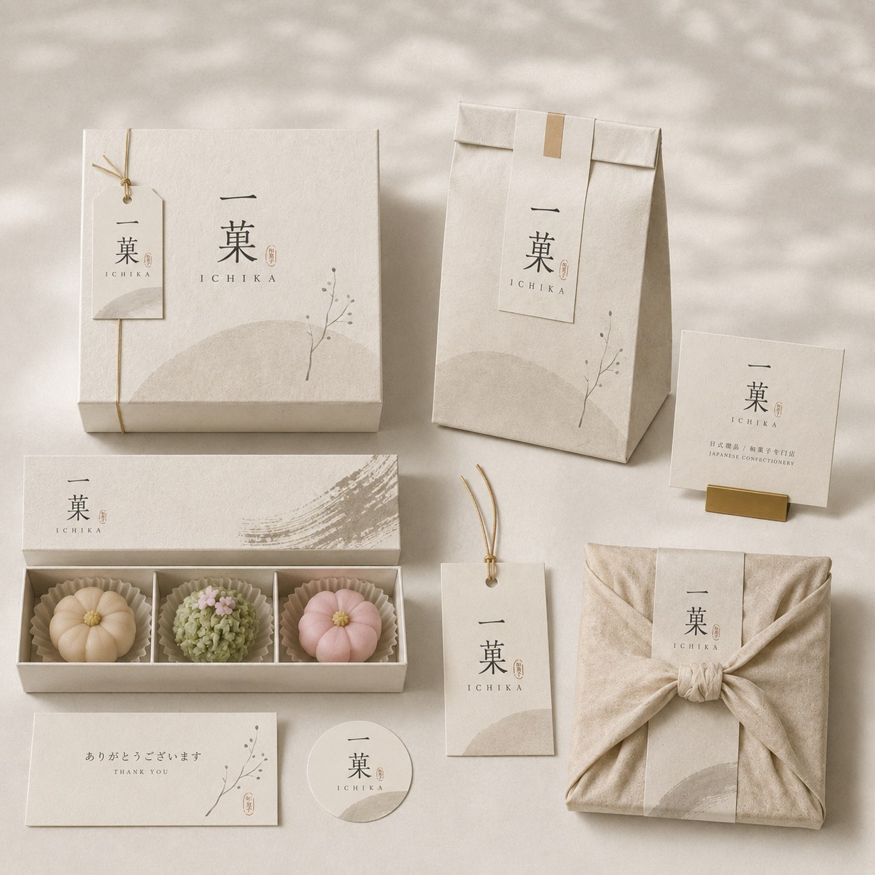 一菓品牌纸袋、礼盒、菓子与风吕敷的包装应用展示